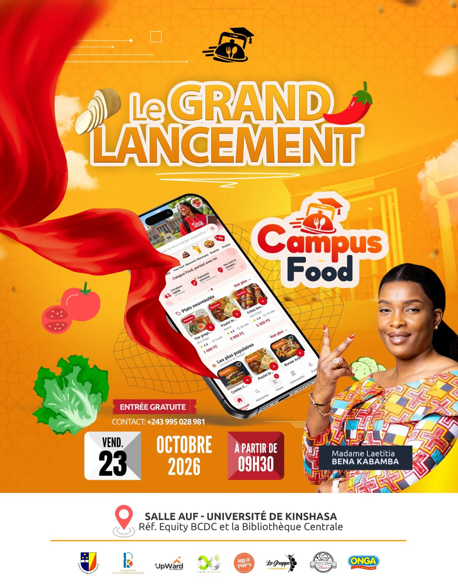 Affiche officielle du grand lancement de Campus Food, vendredi 23 octobre 2026 à partir de 9 h 30, Salle AUF de l'Université de Kinshasa